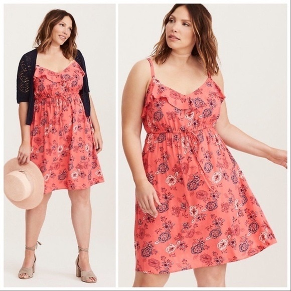 Torrid Coral Floral Print Ruffle Challis Tank Dress Size 2 - Picture 1 of 16